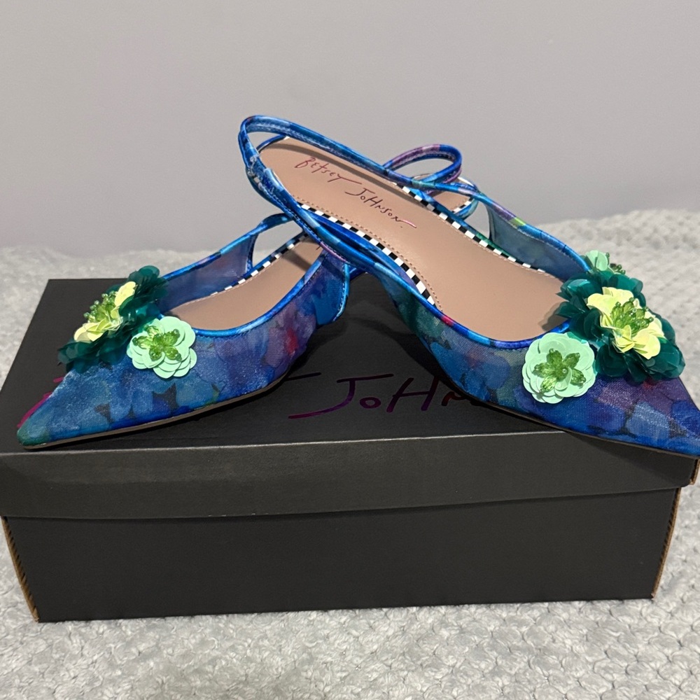 Betsey Johnson Blue and Green Floral Kitten Heel Slingback